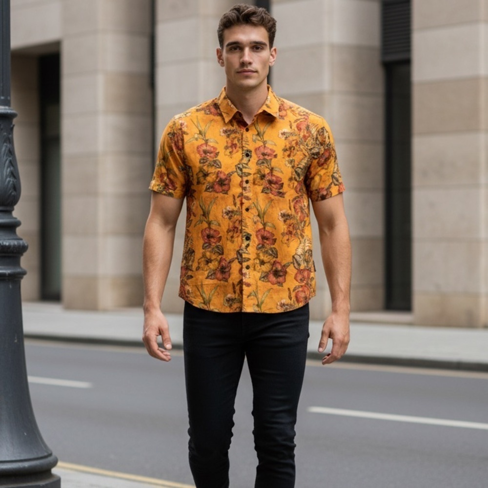 NWT Psycho Tuna Men's Orange Tropical Flowers Button Down Shirt Size M